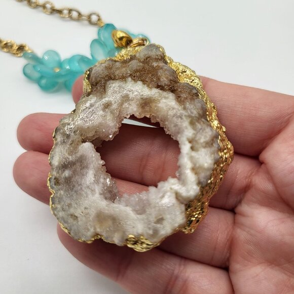 Laura J Finery Gold Plated Brass Necklace Druzy Geode Pendant Teal Gemstones - Picture 8 of 12